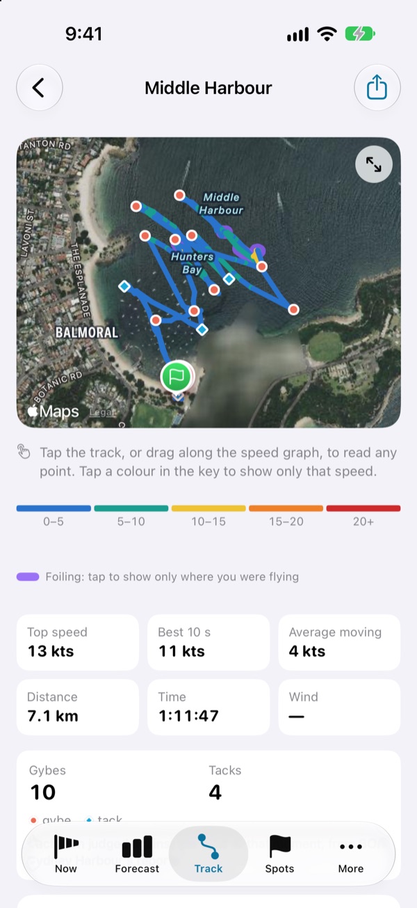 A windfoil session at Balmoral: the track on satellite coloured by speed, gybes as coral dots, tacks as cyan diamonds and violet where the foil was flying, with the speed key beneath